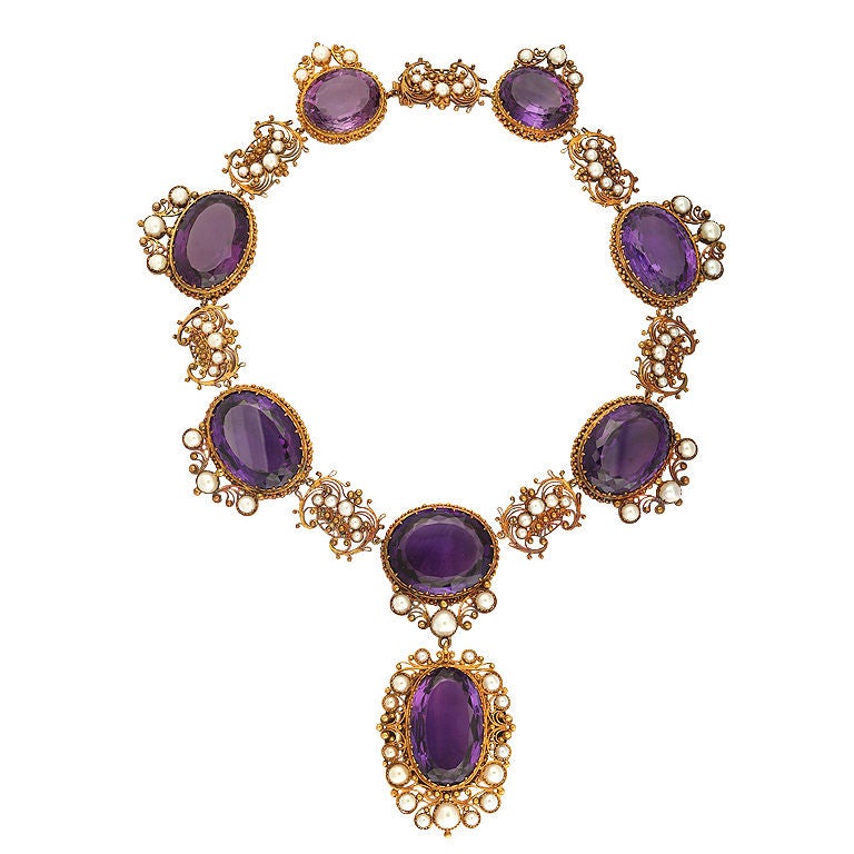 English  Victorian Amethyst Gold Necklace Circa 1850 For Sale