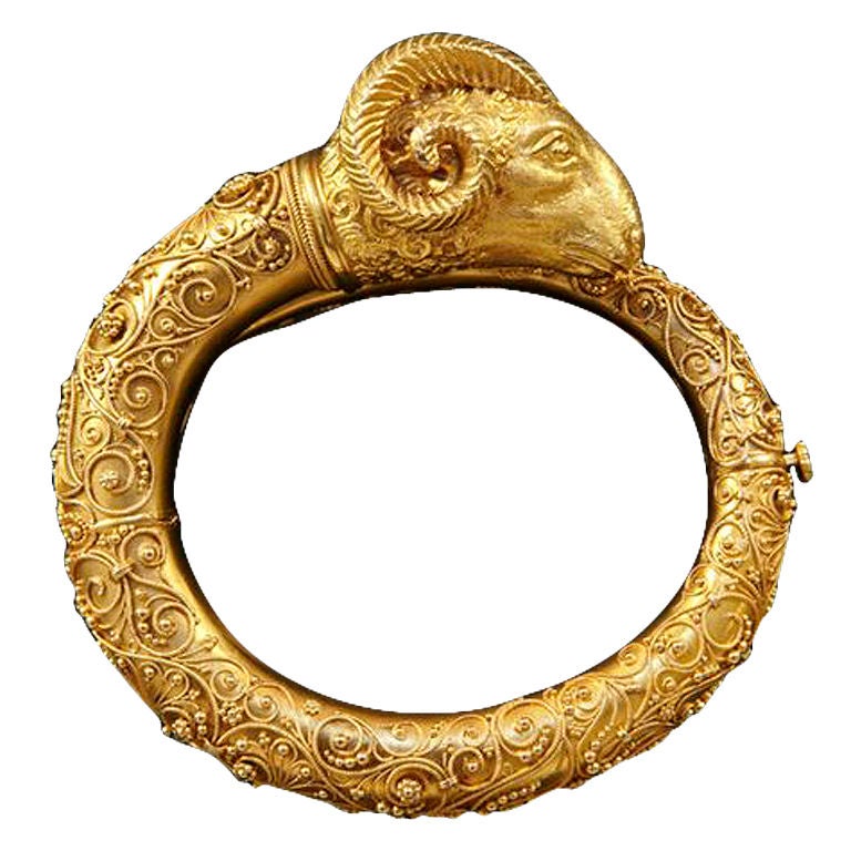 Victorian Etruscan Revival Gold Rams Head Bangle For Sale