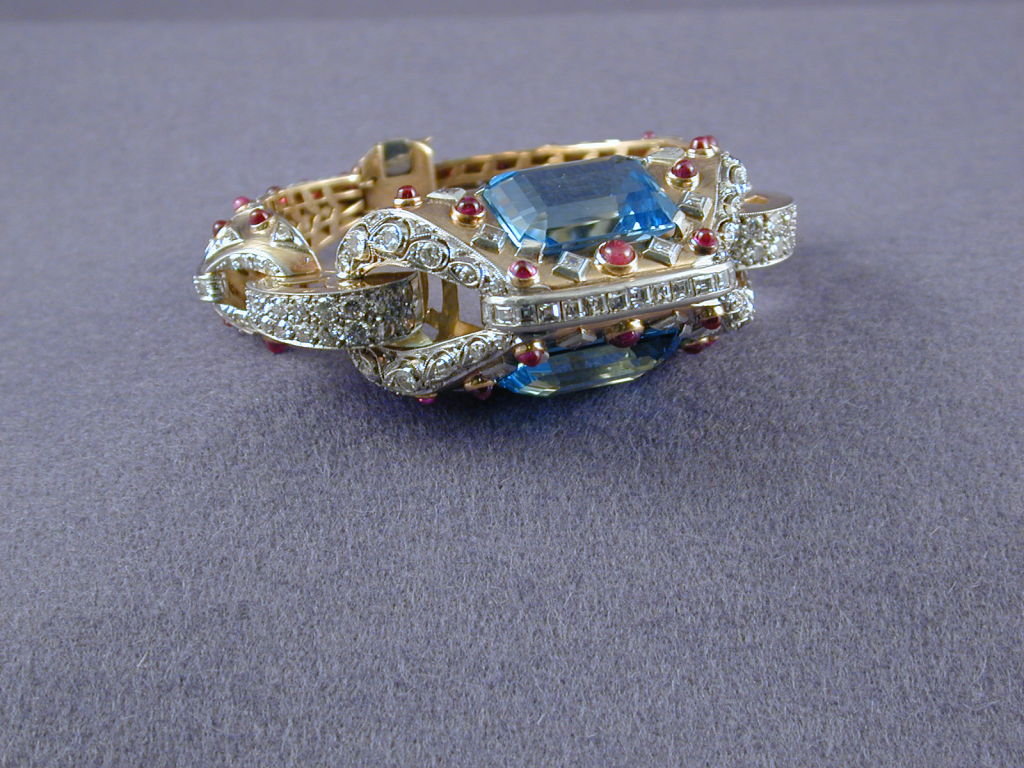 Superb Retro Aquamarine Diamond Ruby Gold Bracelet