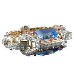 Superb Retro Aquamarine Diamond Ruby Gold Bracelet