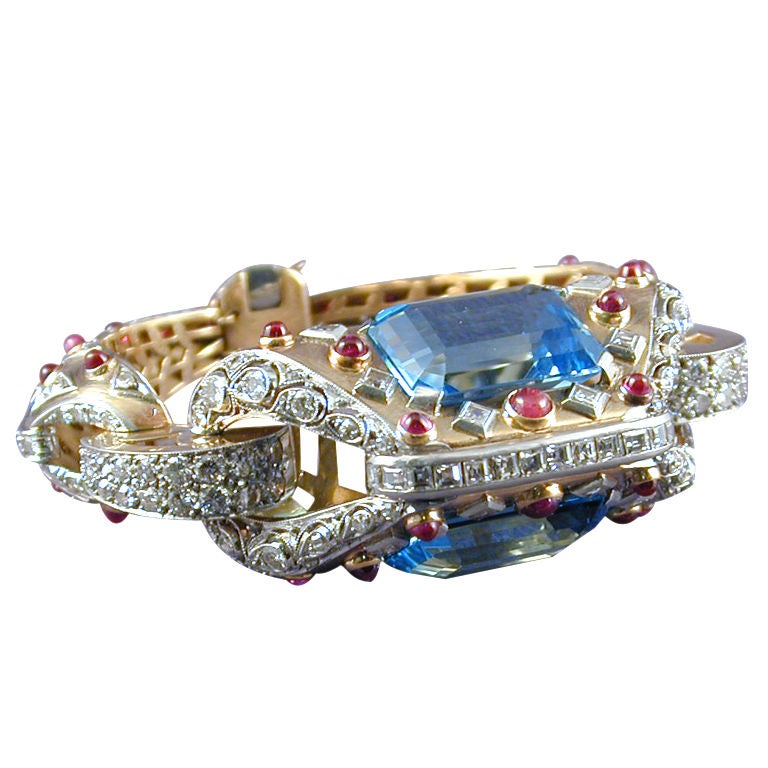 Superb Retro Aquamarine Diamond Ruby Gold Bracelet For Sale