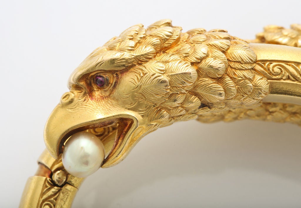 French 18kt Gold & Pearl Double Eagle Bangle Bracelet, Paul Robin, circa 1860