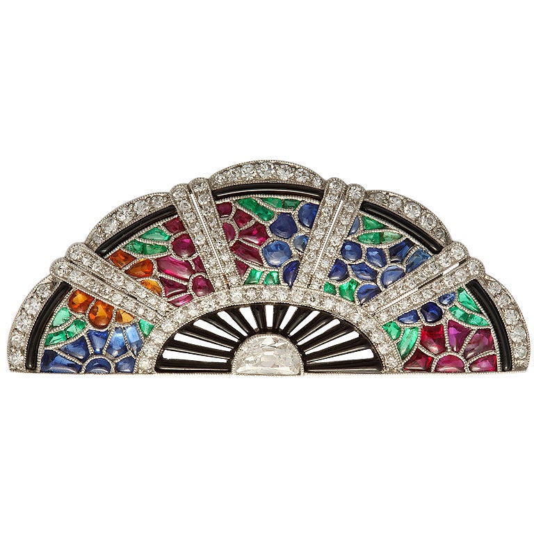 Art Deco Japanese Style Fan Diamond Gem Set Brooch For Sale