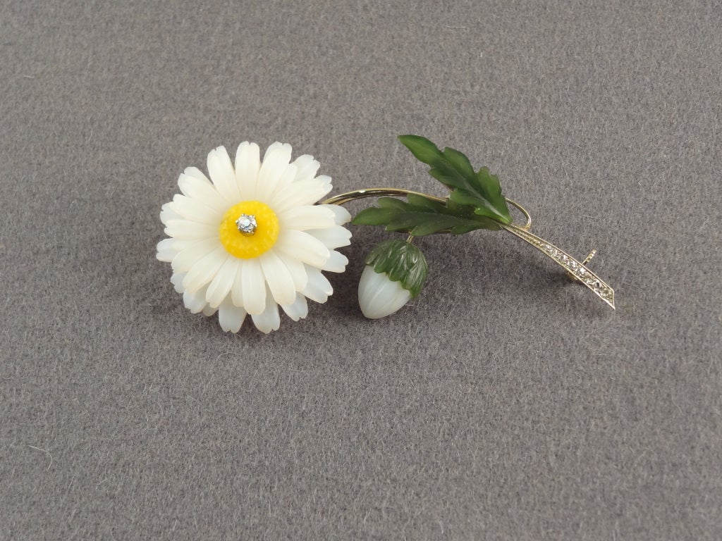 Austrian 1930's Carved Hardstone Diamond Daisy Brooch