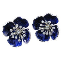 BOUCHERON Blue Enameled Platinum & Diamond Flower Earrings