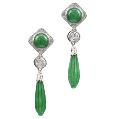 Art Deco Carved Jadeite & Diamond Drop Earrings