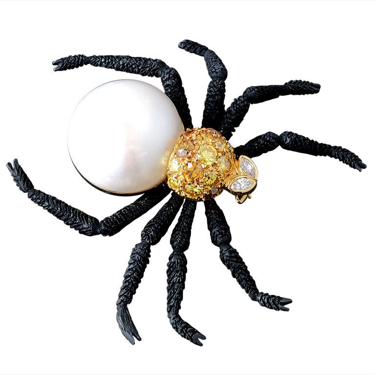 Natural Pearl & Colored Diamond Spider Brooch