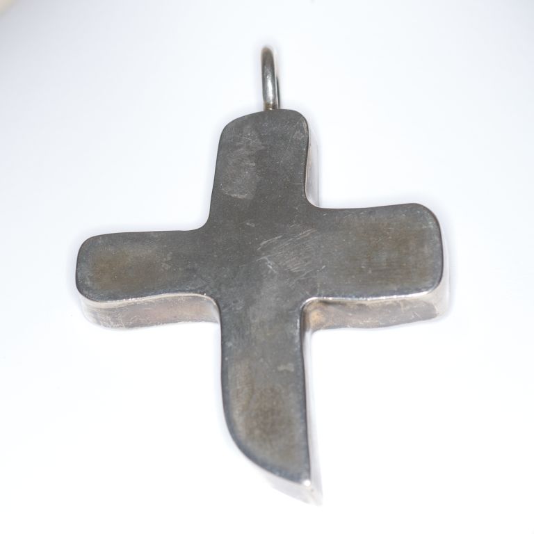 Gregg Wolf for Stephen Sprouse Silver Cross pendant.  Gregg made this cross pendant for Stephen Sprouse in 1987 for the Fall 1988 collection.