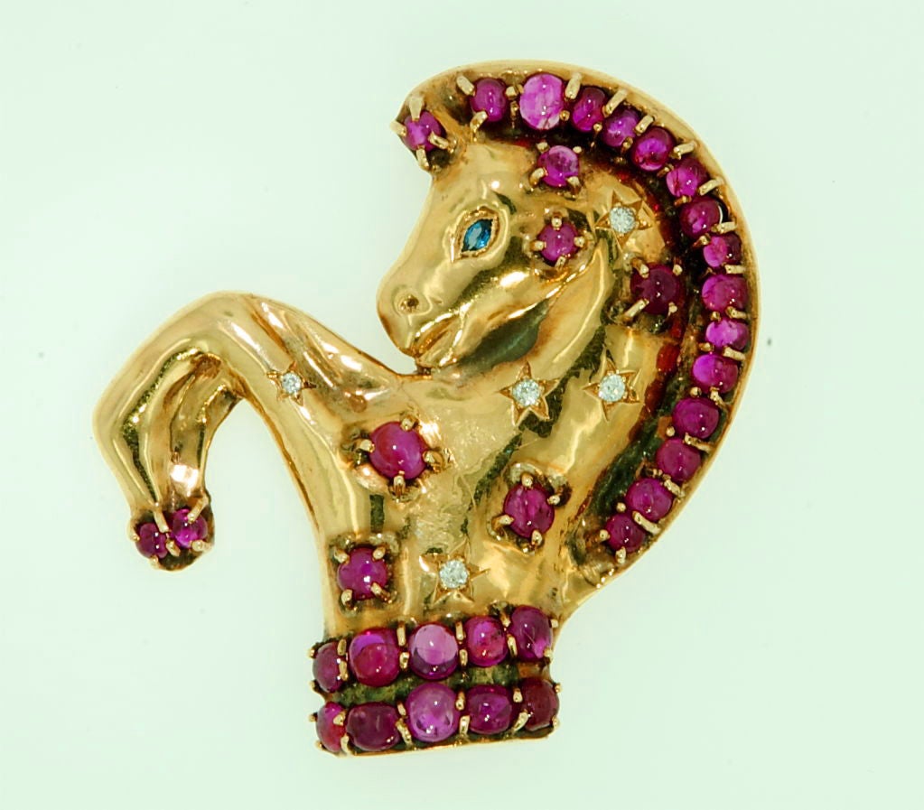 18k Yellow Gold and Cabochon Ruby Carousel Horse Brooch