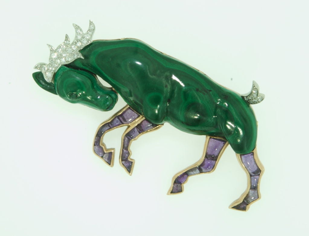 Unusual Color Combination of Malachite and Amethyst works beautifully on this unique Reindeer Brooch with Diamond Antlers