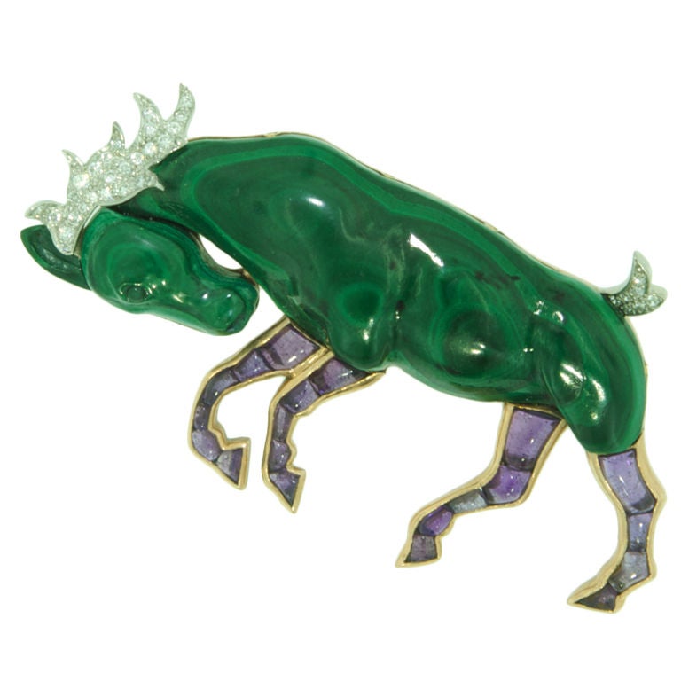 Malachite and Amethyst Reindeer Brooch For Sale