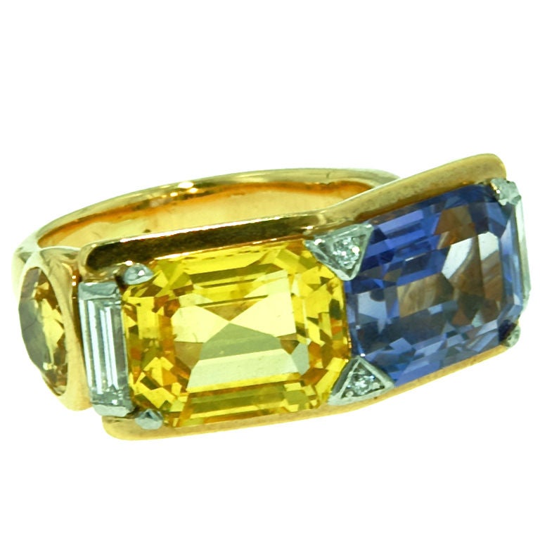 Yellow and Blue Sapphire Ring For Sale