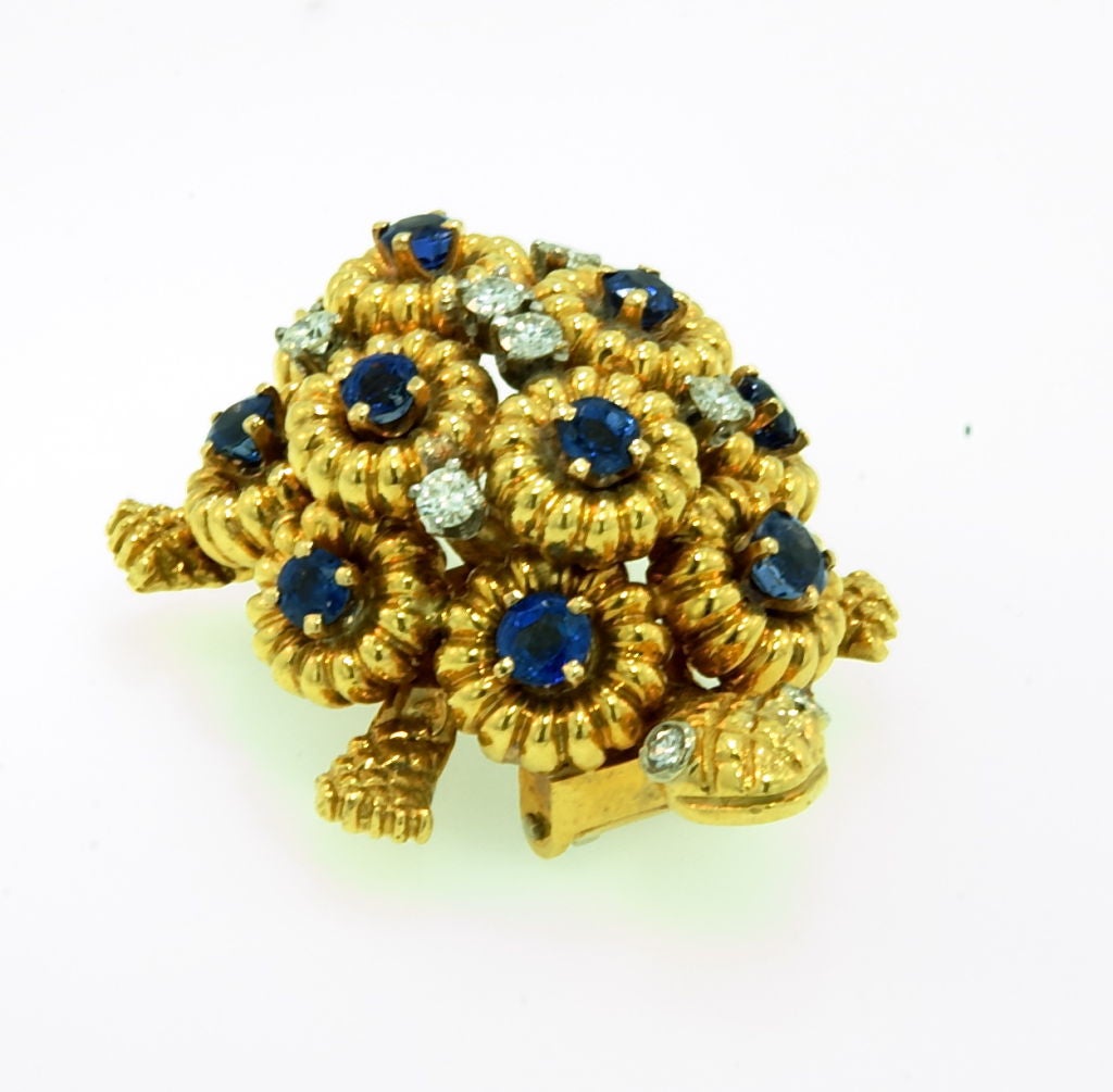 18K Gold Turtle Pin With Sapphires & Diamonds