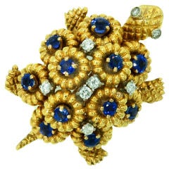 Vintage 18K Gold Turtle Pin With Sapphires & Diamonds