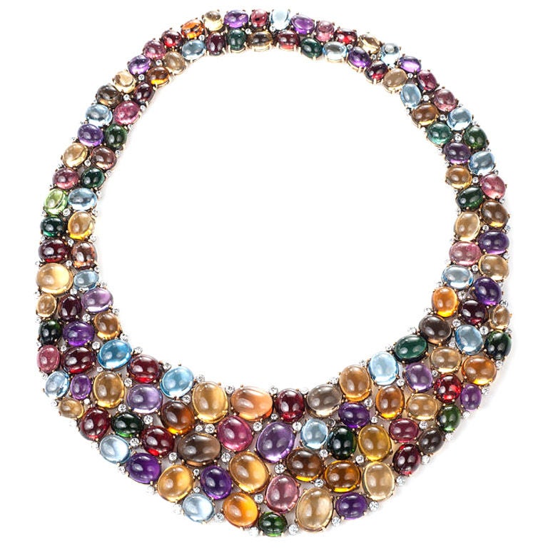 Multi-Color Cabochon Gem Necklace For Sale