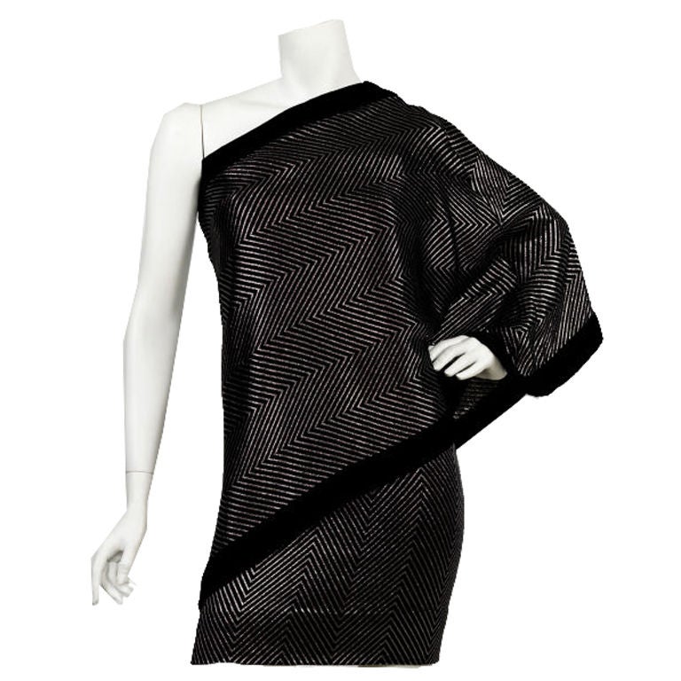 1970s Gucci Silver Lamé Assymetrical Dress, Velvet Trim