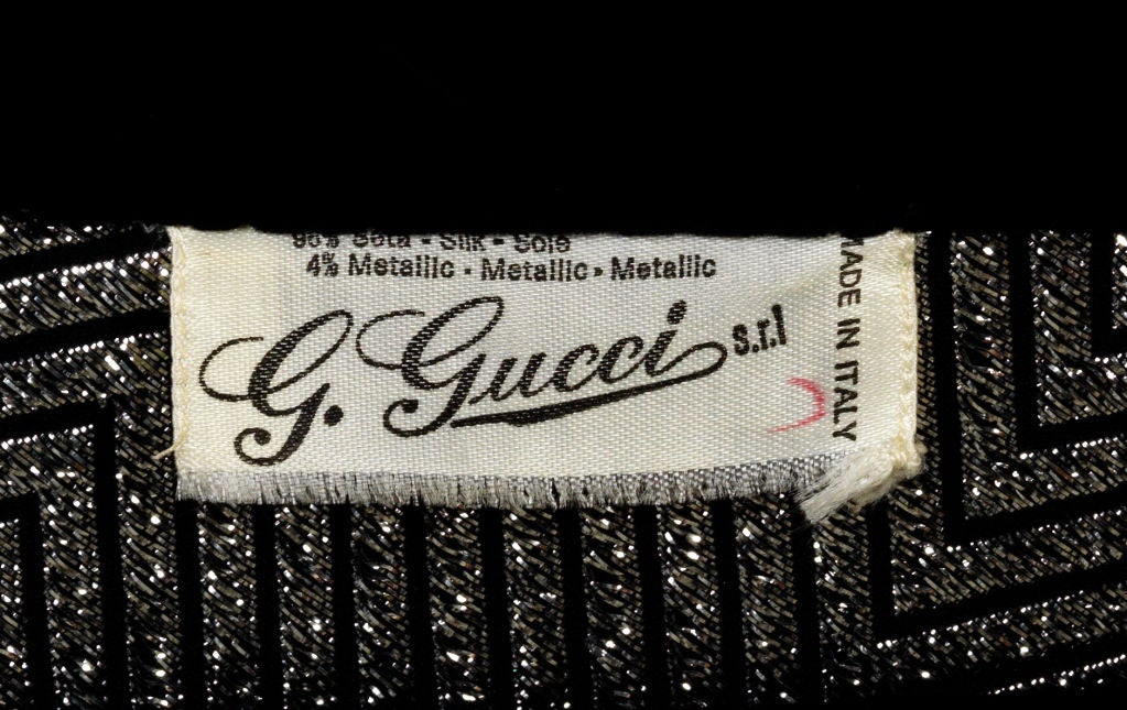 Women's 1970s Gucci Silver Lamé Assymetrical Dress, Velvet Trim