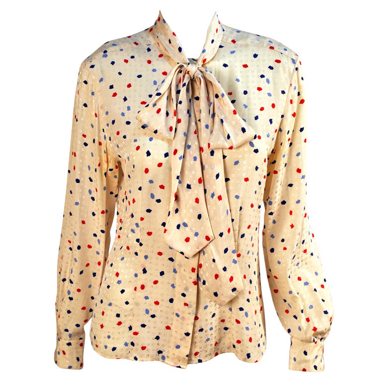 Christian Dior Spotted Silk Blouse Sz.4 Separates Big Bow For Sale