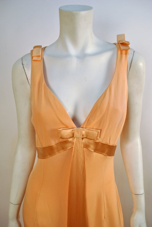 Vintage Escada Soft Peach Silk Bow Empire Waisted Dress For Sale 2