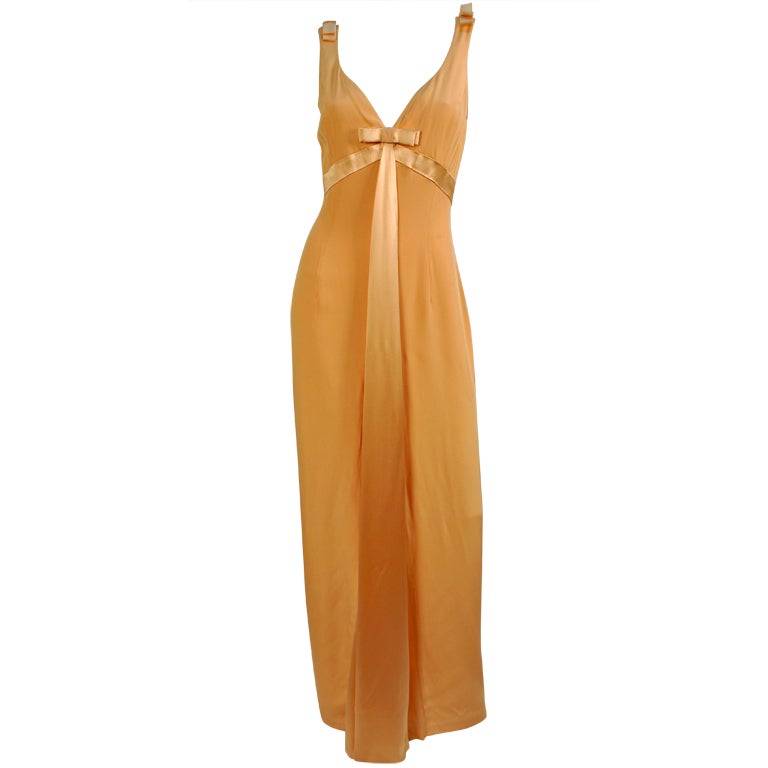 Vintage Escada Soft Peach Silk Bow Empire Waisted Dress For Sale