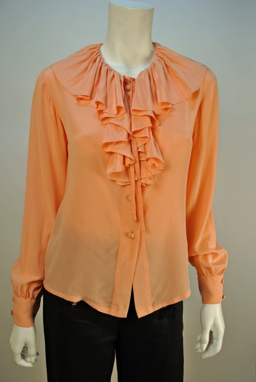 Vintage Adolfo lovely peach silk ruffled collar blouse