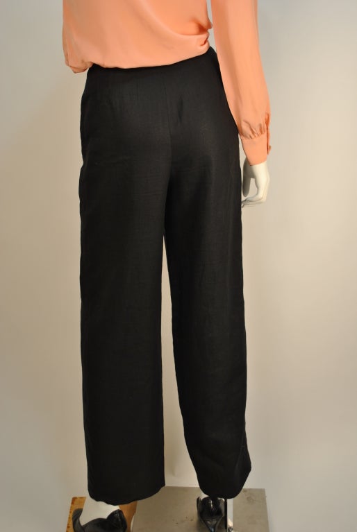 Women's 1980's Chanel black linen sailor slacks w/gold logo buttons For Sale