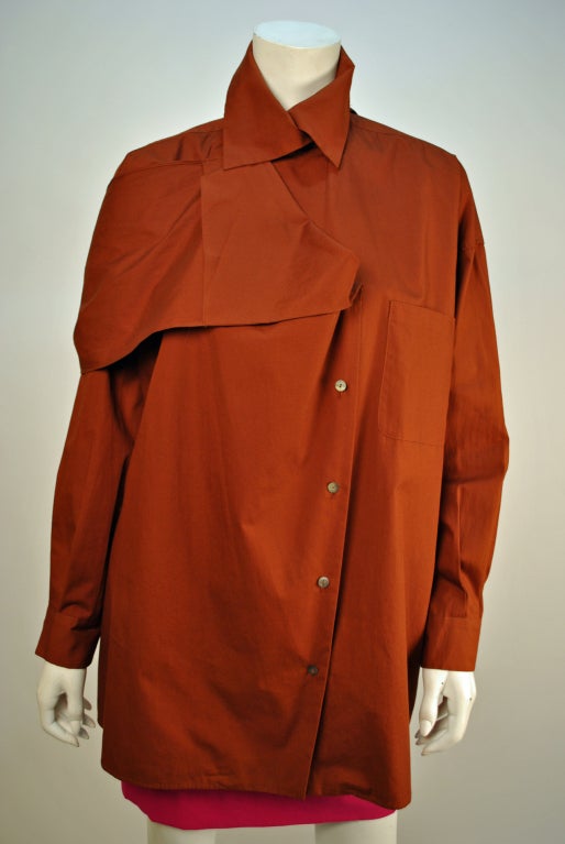 Romeo Gigli burnt orange button down blouse w/ draping detail