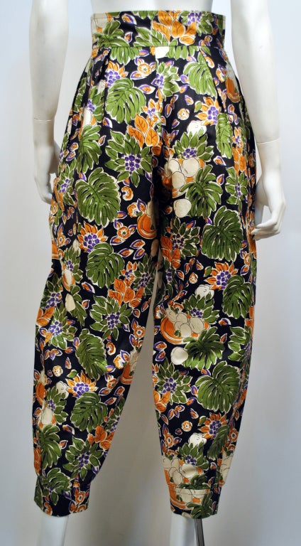 Vintage Yves Saint Laurent 1980's Printed Floral Silk Trousers For Sale 1