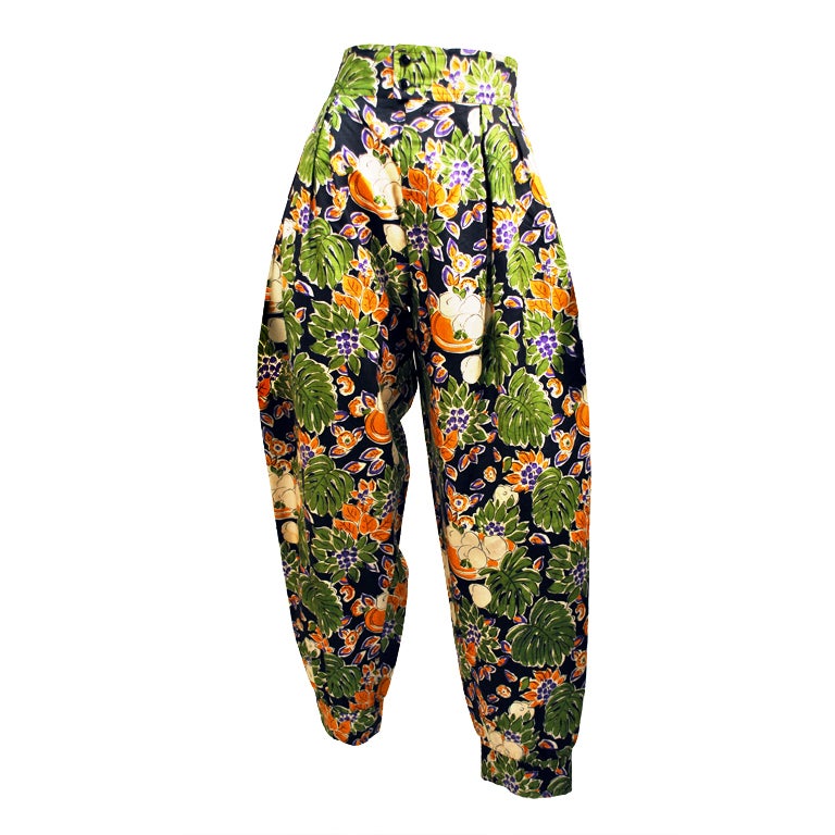Vintage Yves Saint Laurent 1980's Printed Floral Silk Trousers For Sale
