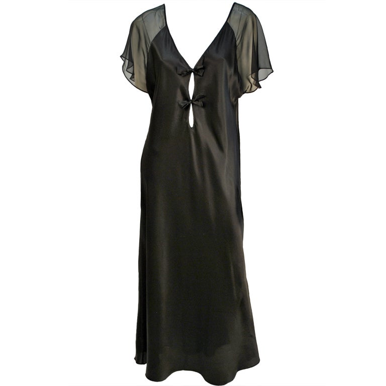 Vintage Valentino 100% silk black sheer bow night gown For Sale