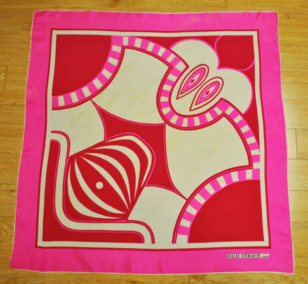 Vintage Louis Feraud hot pink & mulberry graphic print scarf