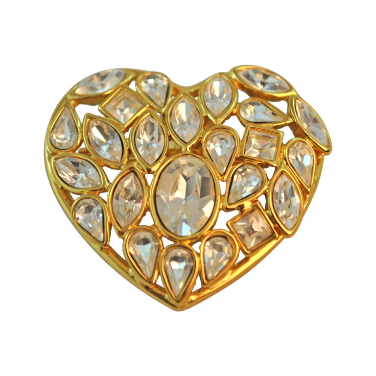 Yves Saint Laurent Vintage Bejeweled Heart Shaped Brooch 1990's For Sale