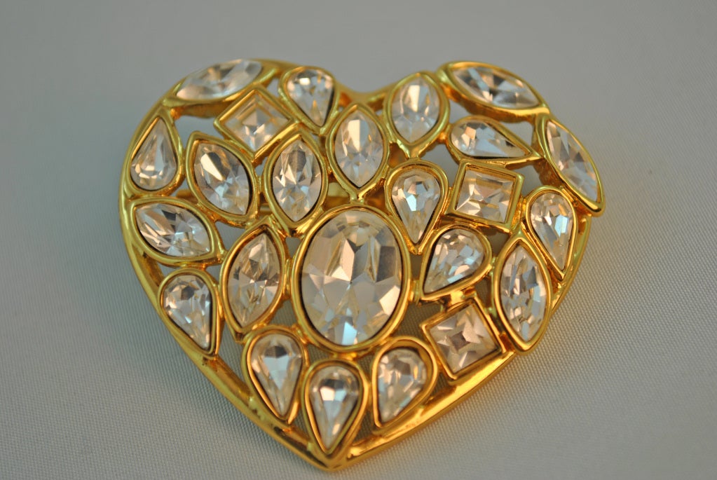 Women's Yves Saint Laurent Vintage Bejeweled Heart Shaped Brooch 1990's For Sale