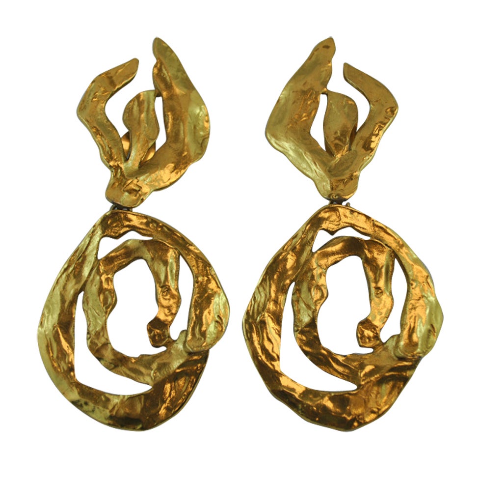 YSL vintage 1980's Hammered Gold Tone HUGE earrings! Yves Saint For Sale