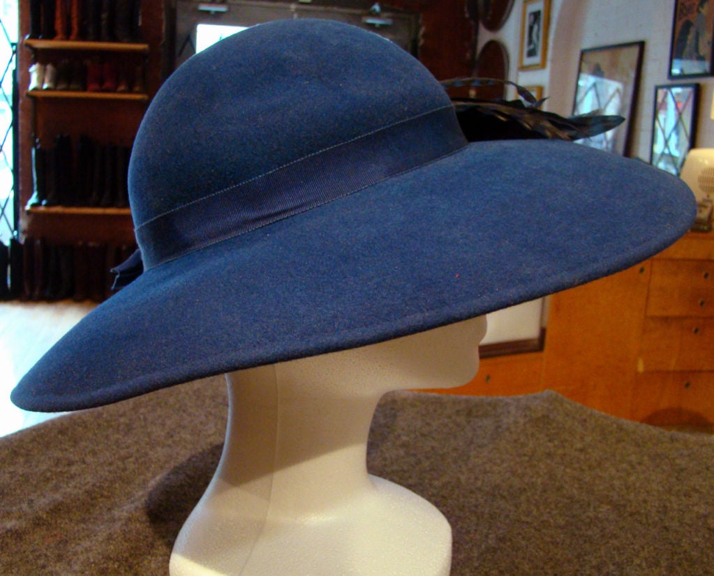 Women's Vintage Adolfo Wide Brim Wool Felt Hat w/ Feathers For Sale