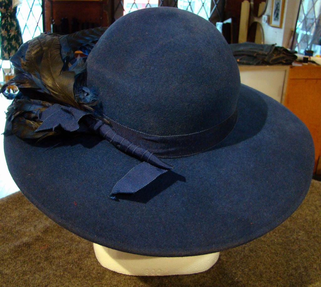Vintage Adolfo Wide Brim Wool Felt Hat w/ Feathers For Sale 1