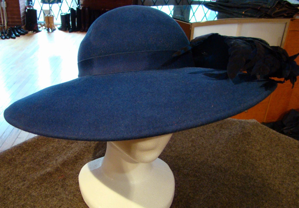 Fantastic vintage Adolfo blue wool felt hat.  The large 4.5