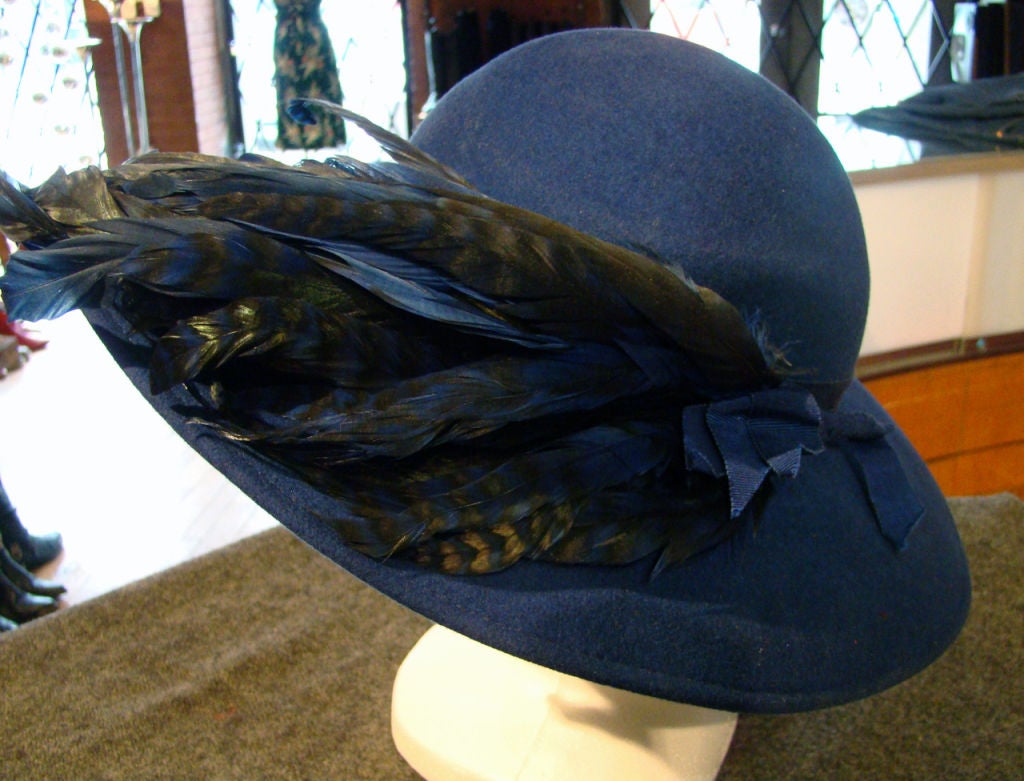 Vintage Adolfo Wide Brim Wool Felt Hat w/ Feathers For Sale 3