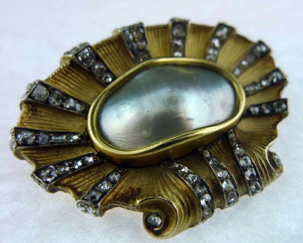 Women's Antique Blister Pearl and Diamond Brooch in 18K Yellow Gold