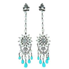 Diamond, Pearl, and Persian Turquoise Chandelier Earrings