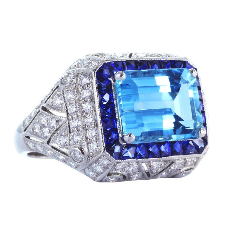 3.04 Carat Aquamarine and 2.00 Carat Sapphire Diamond Ring For Sale