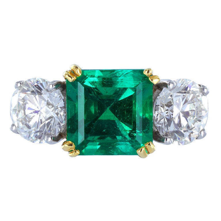 Emerald Diamond Gold Platinum Three-Stone Ring For Sale