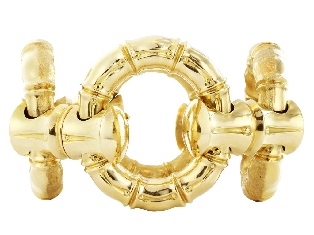 18 karat yellow gold bamboo motif large size semi-flexible bracelet, matte finish on one side, high polish finish on the other side. 65.5 dwt 3 oz+