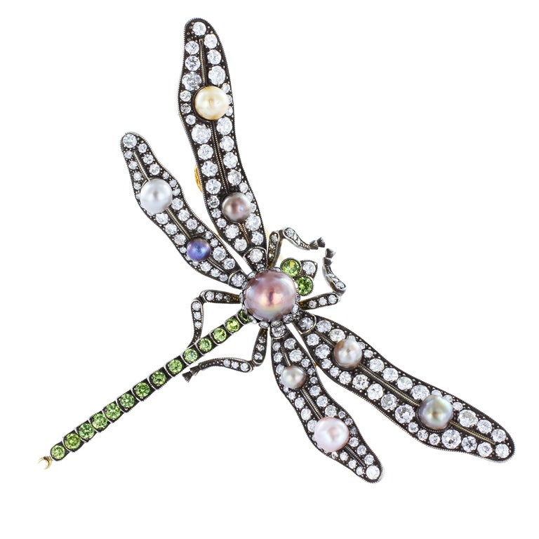Antique Dragonfly Natural Pearl & Diamond Pin For Sale