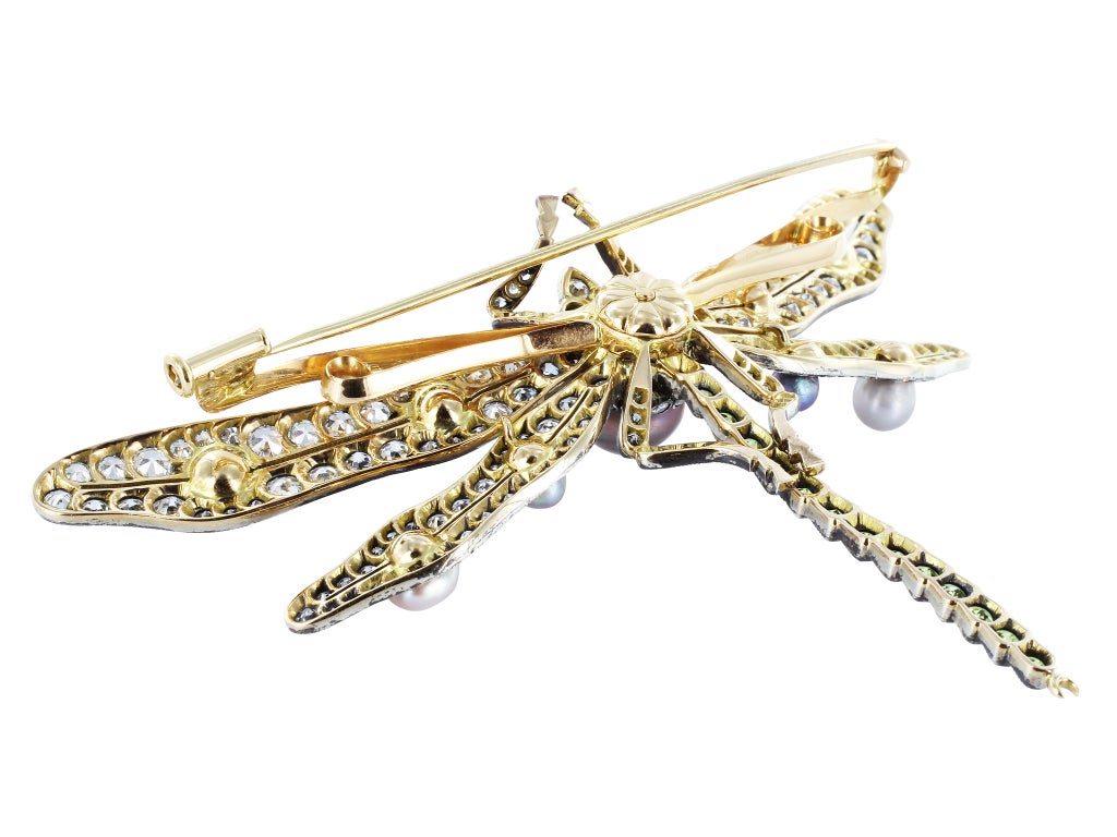 Antique Dragonfly Natural Pearl & Diamond Pin In Excellent Condition For Sale In Chestnut Hill, MA