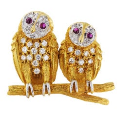 Twin Owl Gold and Diamonds Pin