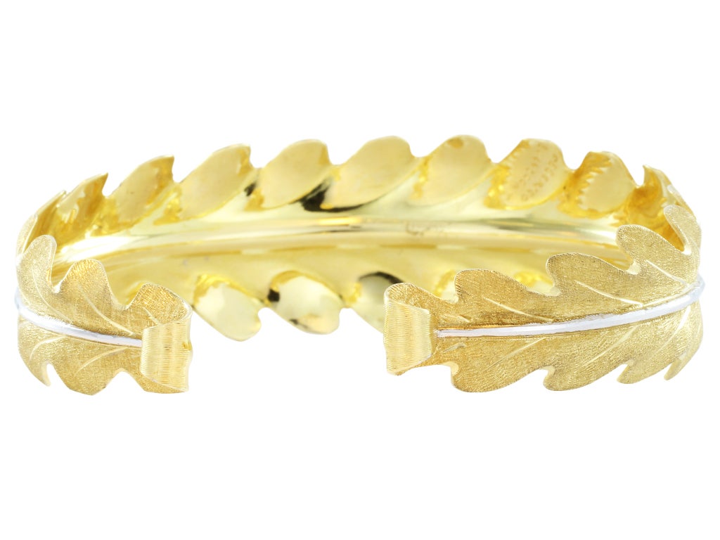 Estate 18 karat yellow & white gold leaf motif cuff bracelet, signed Federico Buccellati.