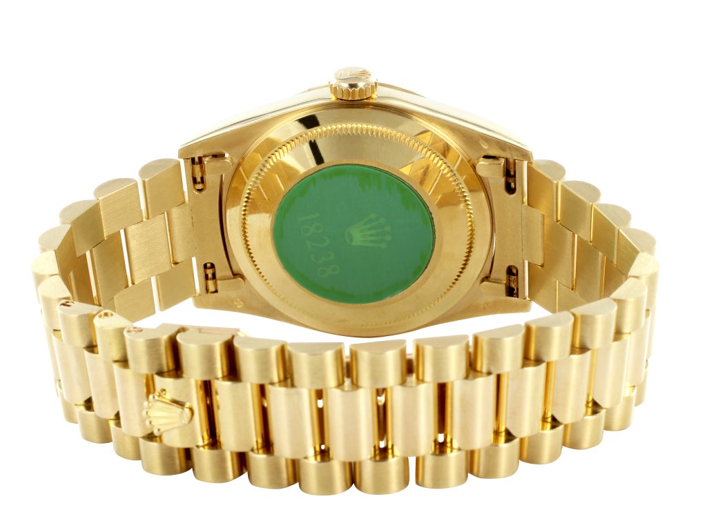 Rolex 18k yellow gold double Quick-Set Day-Date President wristwatch, president bracelet, black dial, diamond hour markers, Ref. 18238, L serial, 1989, no box, no papers.