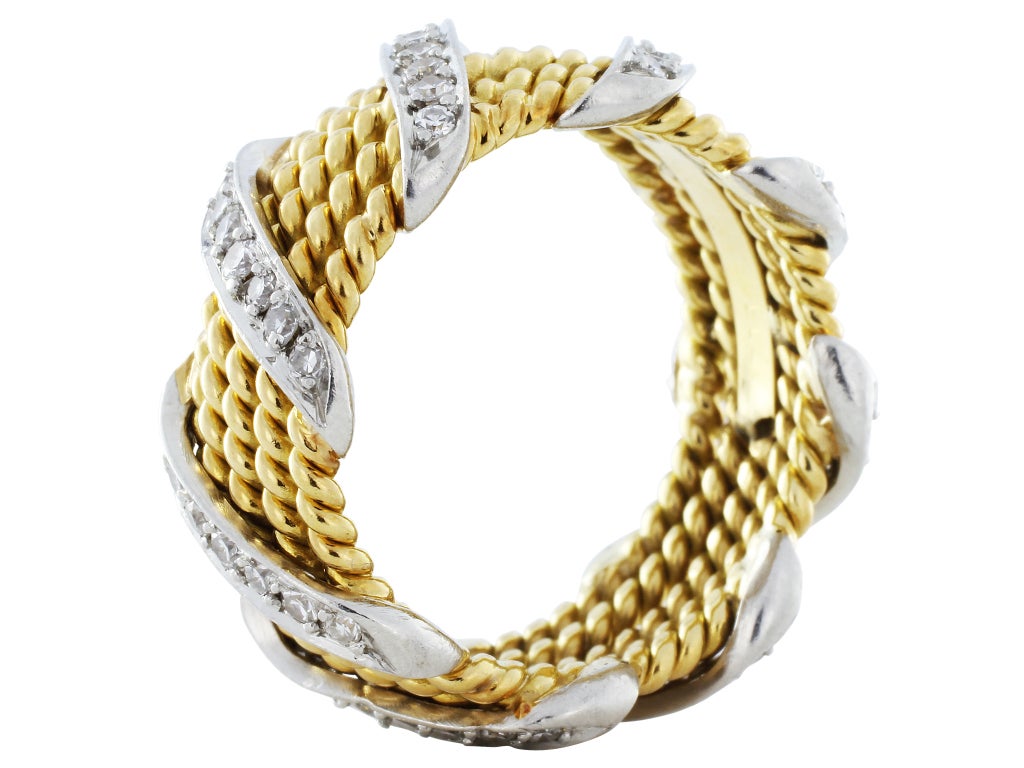Two tone 18 karat yellow and white gold 5 row rope band with round brilliant cut diamond accents, signed Tiffany Schlumberger, size 6.5.