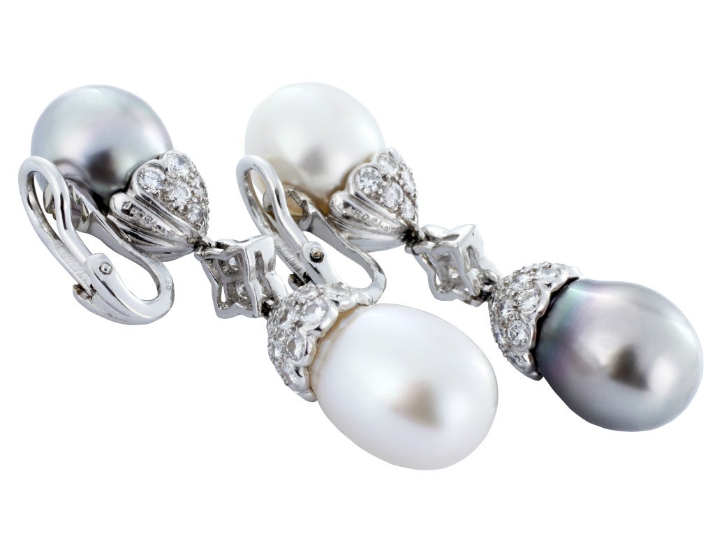 Platinum multi color South Sea pearls and diamond drop earrings, signed Cartier.